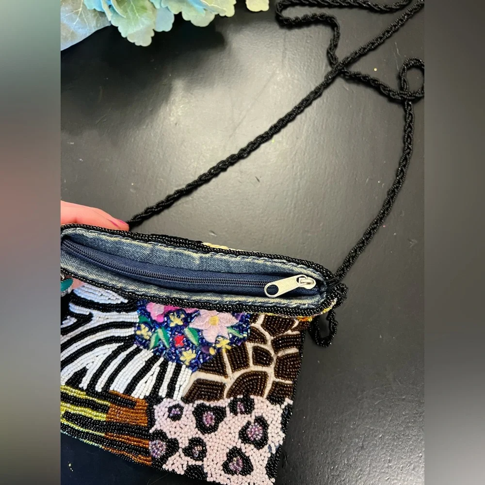 Vintage 90s Y2K Colorful Animal Print Floral Beaded Sequins Cross‎ Body Purse